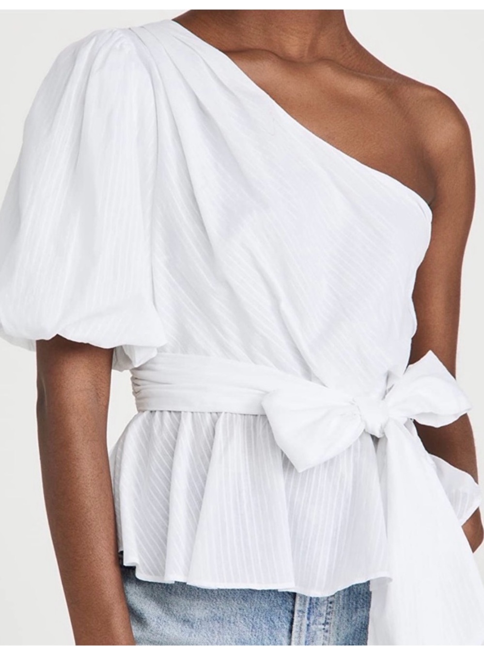 MINKPINK One-Shoulder White Puff Sleeve Peplum Top with Waist Tie